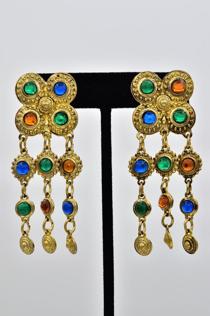 Vintage NOS Multicolor Cabochon Chandelier Clip On Earrings Antiqued Gold 80s